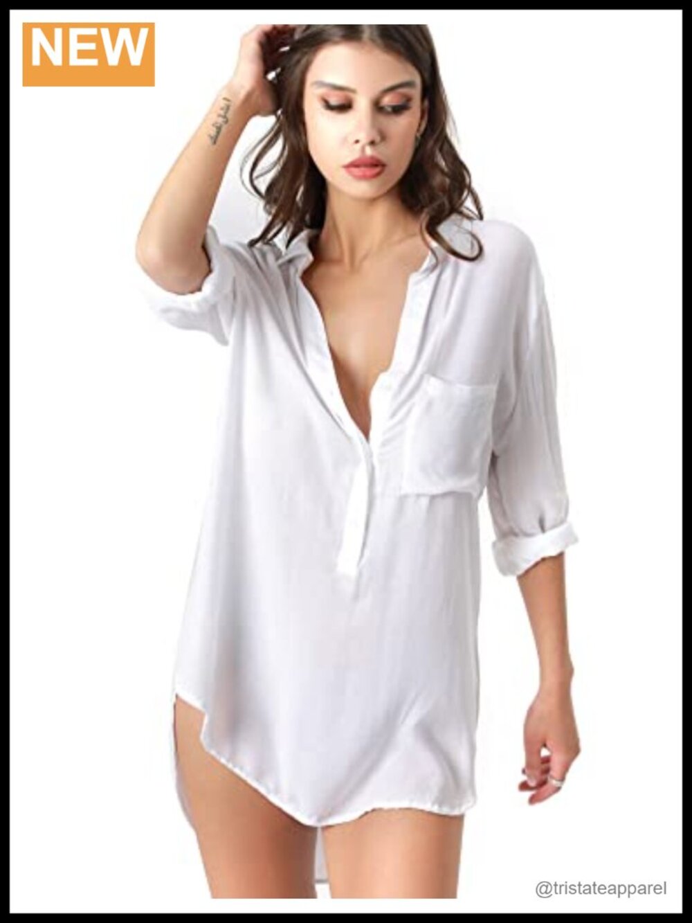 Soft Women's Sleepshirt Oversized Button Down V-Neck Viscose 3/4 Sleeve Cover Up